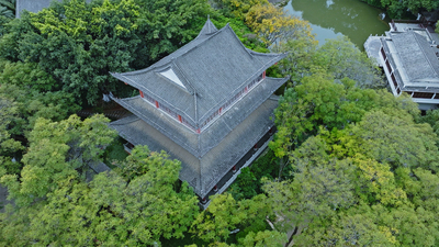 个人商用，红河开远泸江公园复古建筑楼阁航拍，视频素材