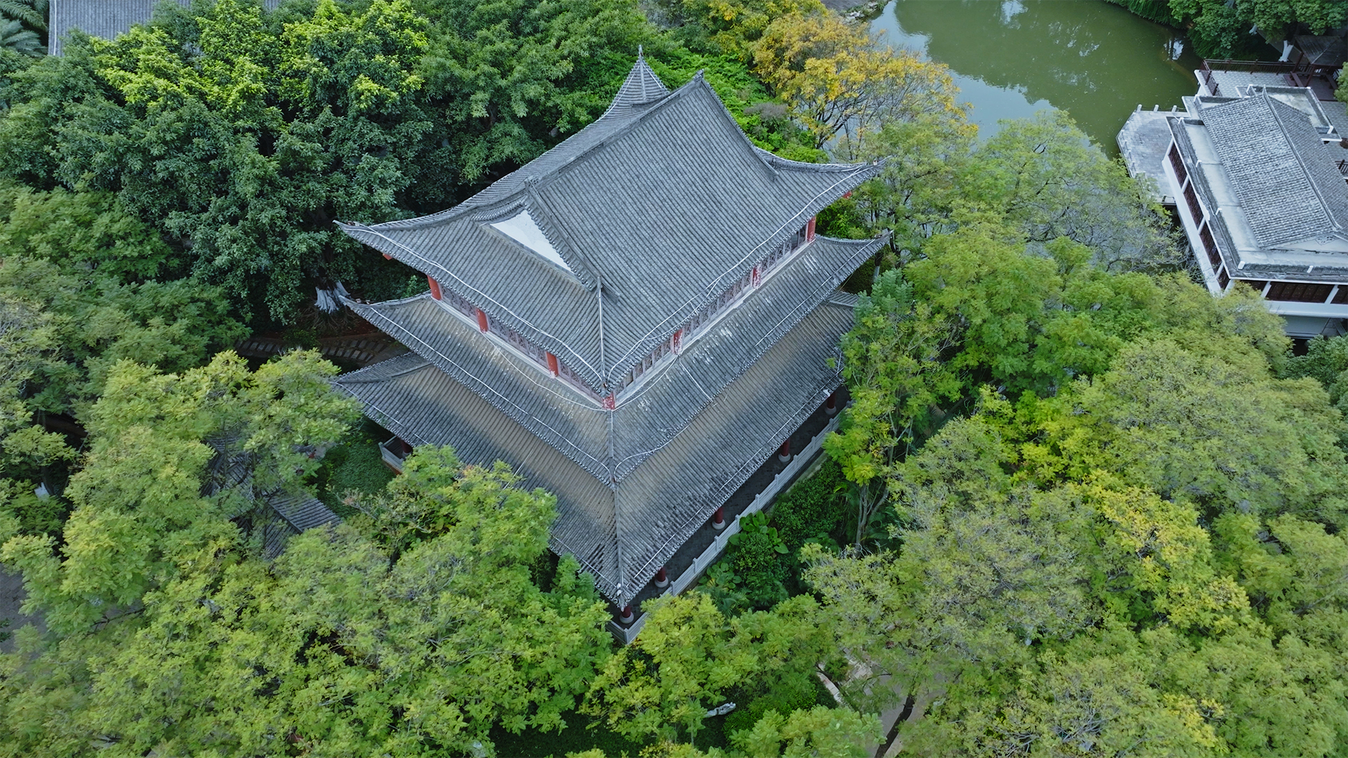 企业商用，红河开远泸江公园复古建筑楼阁航拍，视频素材